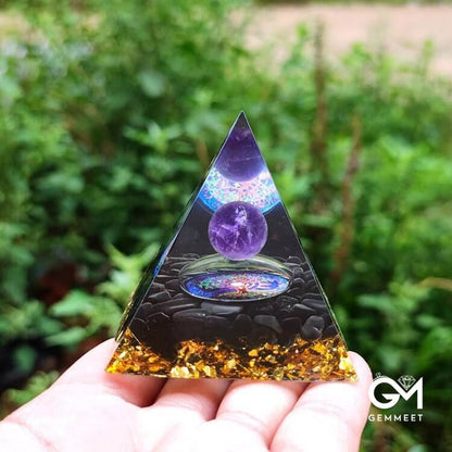 Amethyst Crystal Sphere with Obsidian Crystal Orgone Pyramid