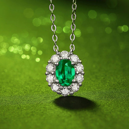 Oval Cut Emerald Halo Pendant Chain