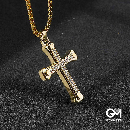 Double Cross Titanium Steel Zircon Necklace