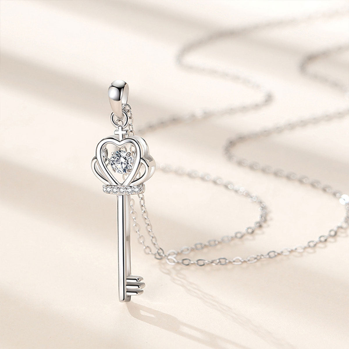 White Gold Crown Key Shape Beating Heart Mossanite Pendant