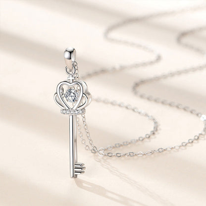 White Gold Crown Key Shape Beating Heart Mossanite Pendant