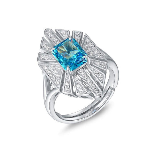 White Gold Shield Shape Blue Gem Radial Halo Ring