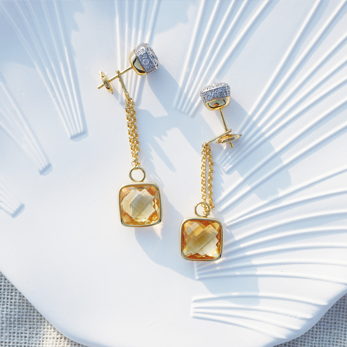 Golden Square Yellow Sapphire Drop Earrings