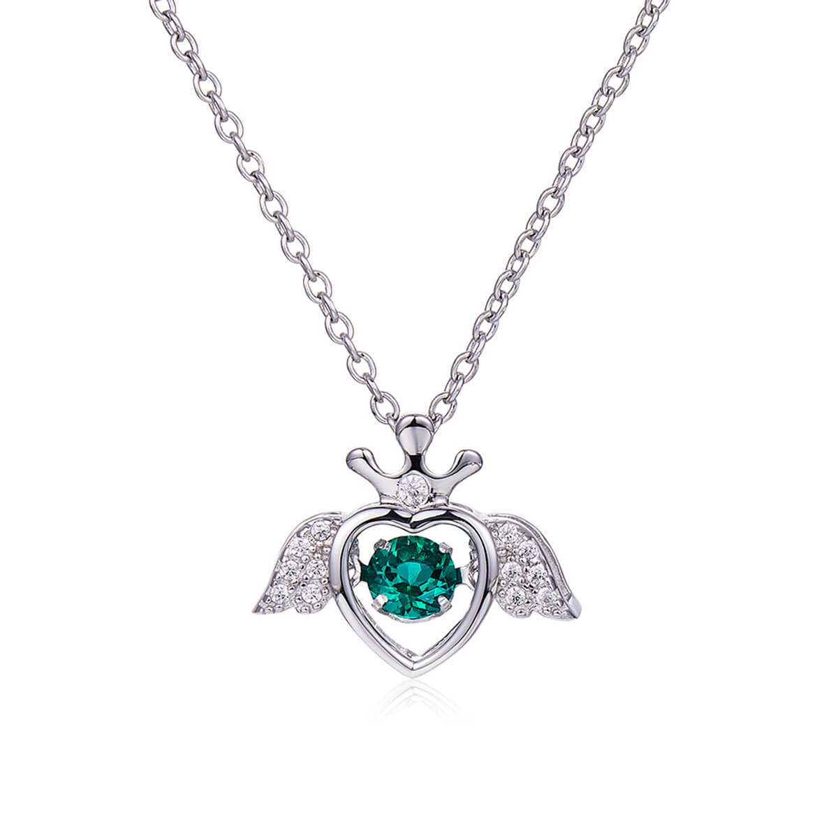 White Gold Hollow Wing Heart Beating Emerald Chain