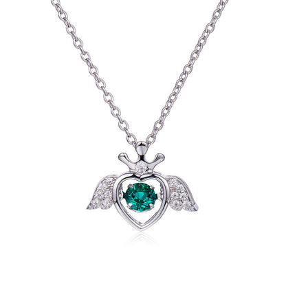 White Gold Hollow Wing Heart Beating Emerald Chain