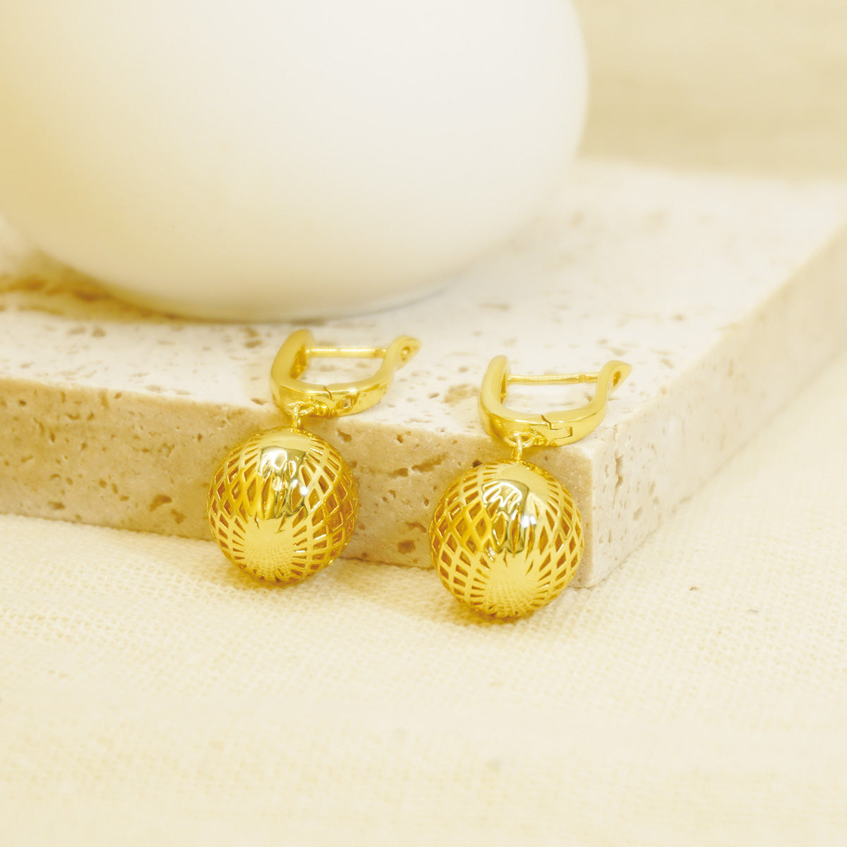 Spherical Hollow Design Ball Gold Dangle Earrings