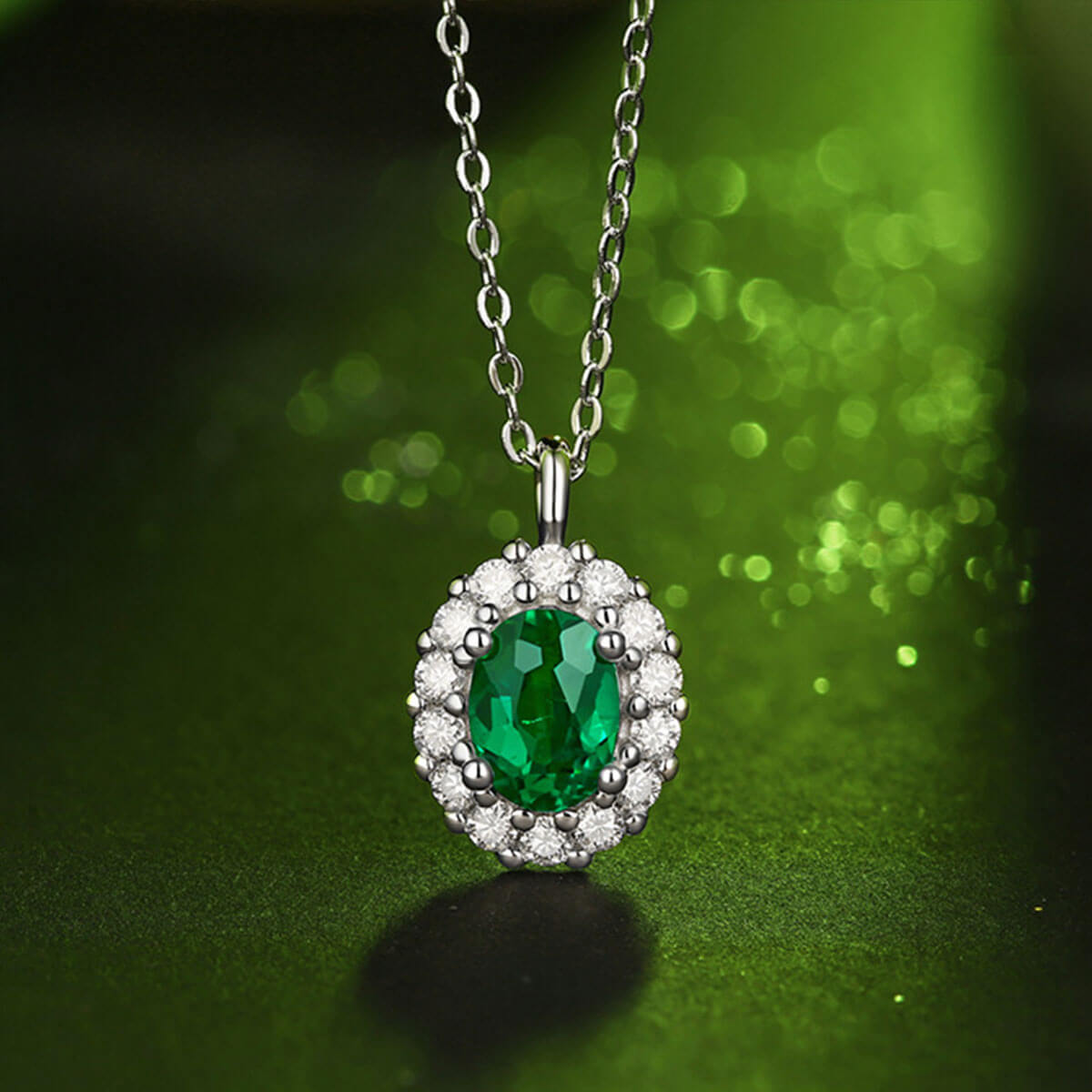 White Gold Oval Cut Emerald Halo Pendant Chain