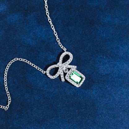 Hollow Bow Tie Emerald Halo Full Stones Pendant Chain