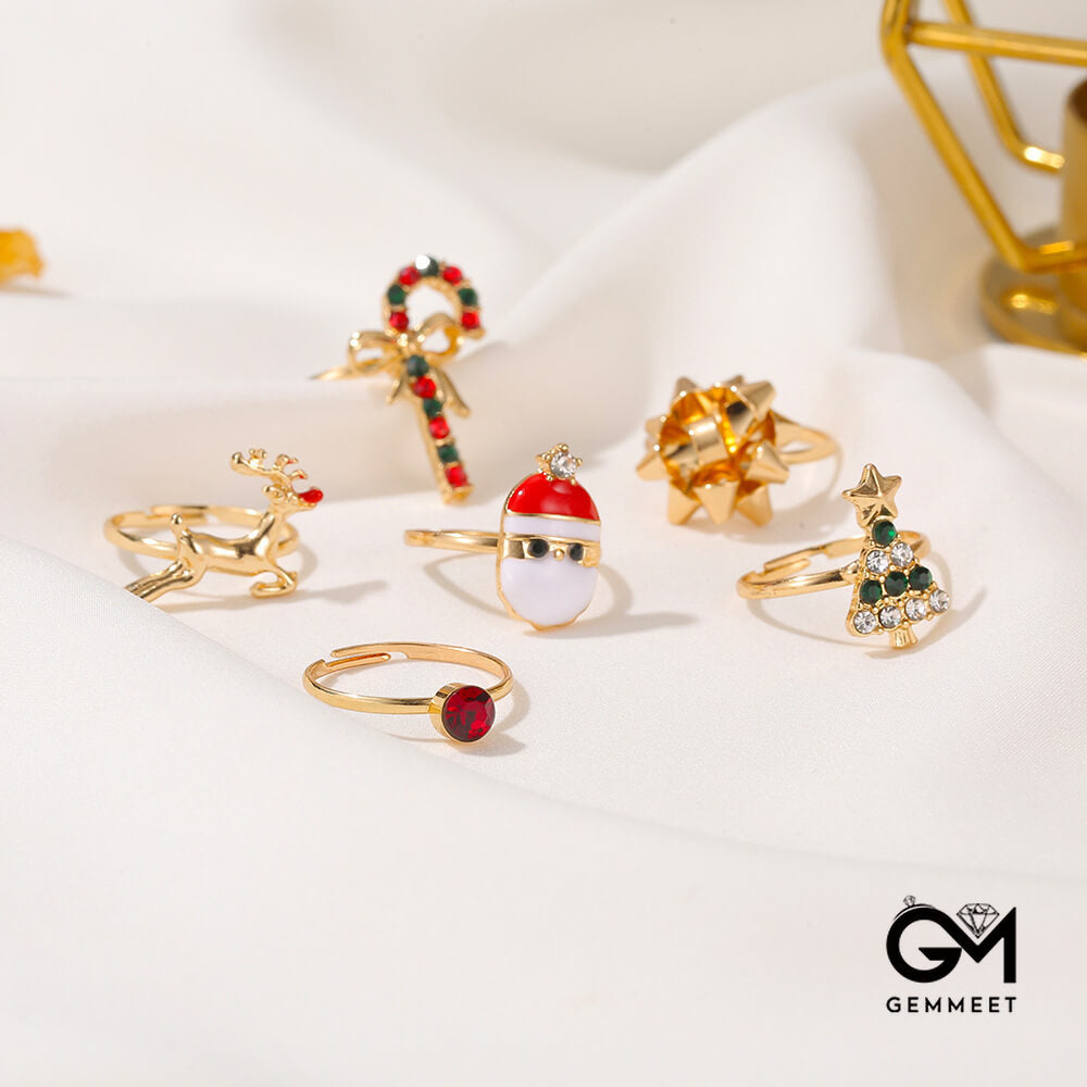 6 Pcs Cute Elk Christmas Tree Adjustable Ring Set