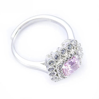 White Gold Cushion Shape Layered Stones Pink Gem Halo Ring