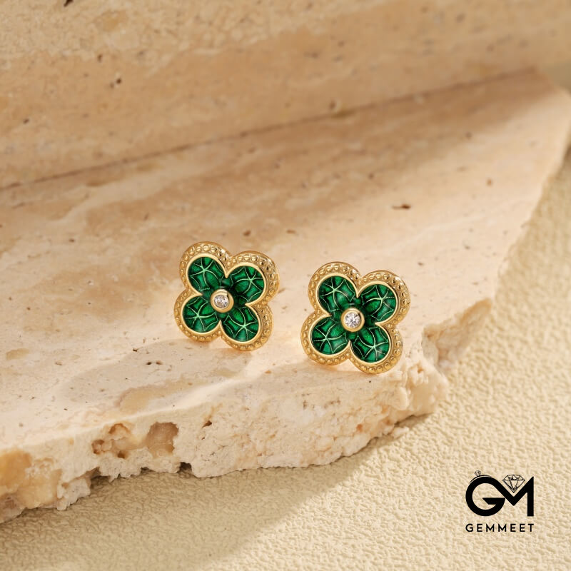 S925 Sterling Silver Green Four-leaf Clover Earrings