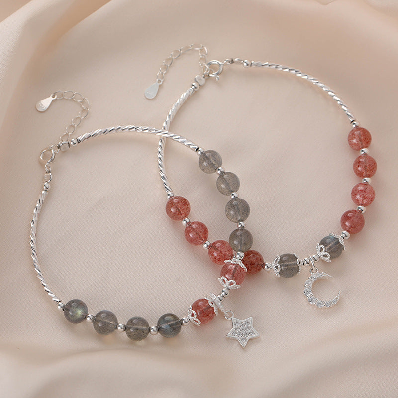 Strawberry Quartz Moonstone Luck Moon Star Charm Bracelet