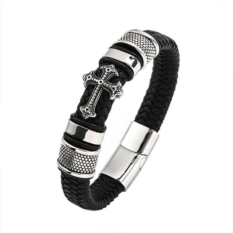 Titanium Steel Cross Leather Braided Bracelet Magnetic Buckle Men's Leather Bracelet