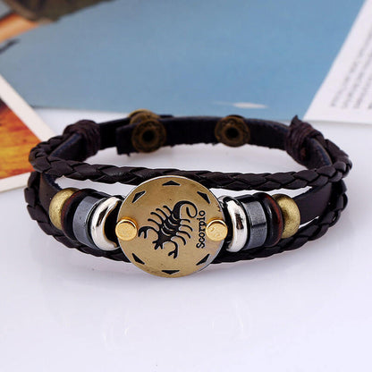 Hand Beaded Zodiac Cowhide Braided Adjustable Fashion Leather Bracelet