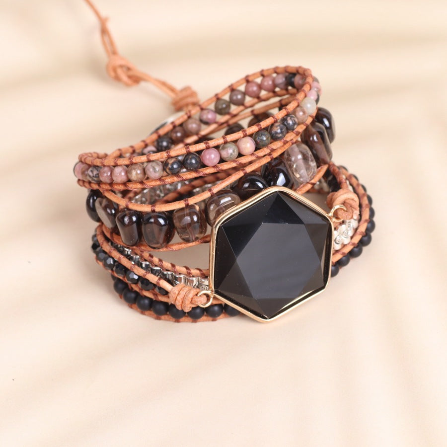 Obsidian double pendant wrapped bracelet