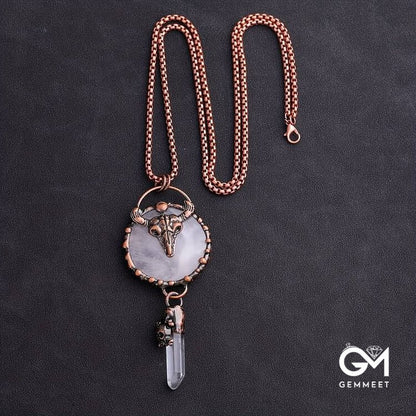 Copper Ox Head With Clear Quartz Gemstone Necklace