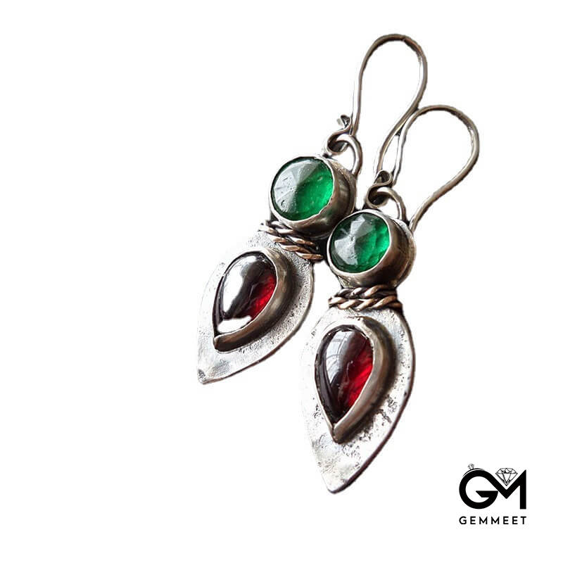 Vintage Round Drop Red Green Zircon Earrings