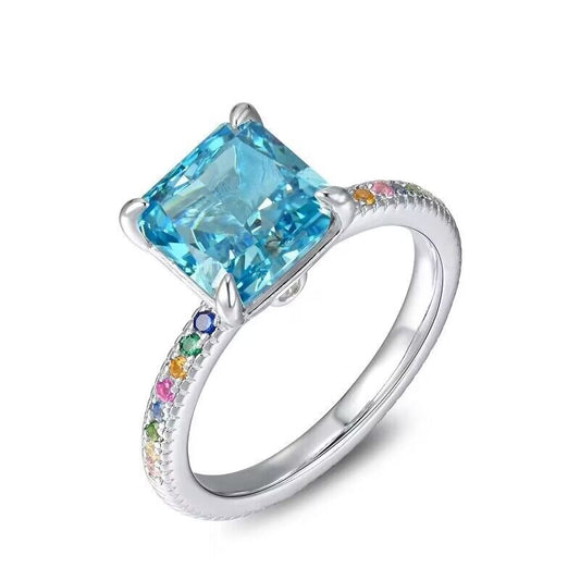 White Gold Square Blue Sapphire Colored Stones Ring