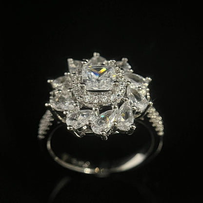 White Gold Big Flower Shape Full Stones Ring