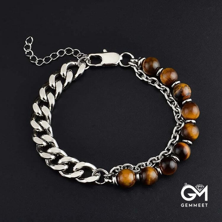 Faceted Black Onyx Tiger Eye Stainless Steel Bracelet