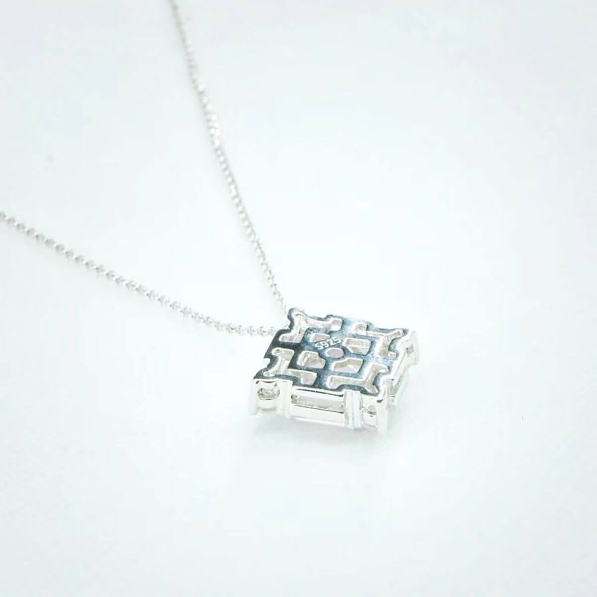 White Gold Square Cut Pink Gem Halo Pendant Chain