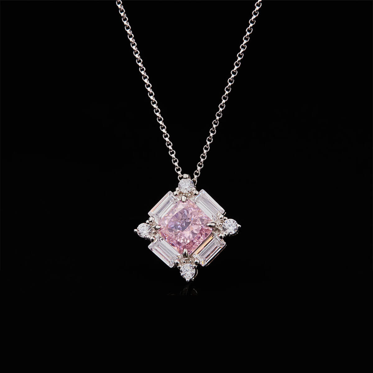 White Gold Square Cut Pink Gem Halo Pendant Chain