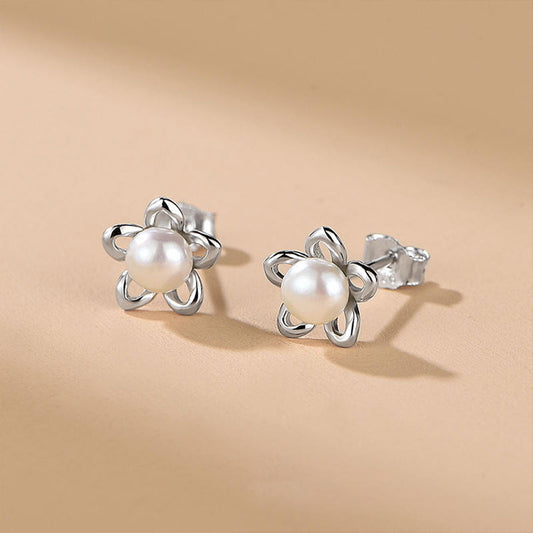 White Gold Organic Pearl Hollow Flower Shape Stud Earrings