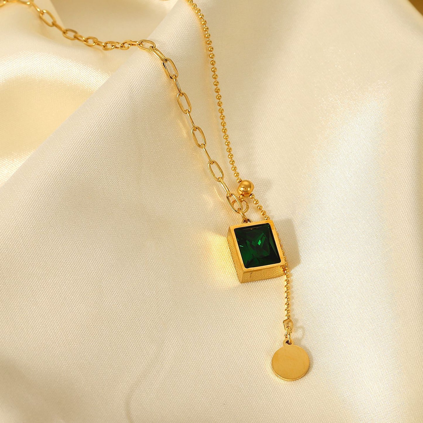 Rectangle Green Crystal Dangle Pendant Chain Necklace