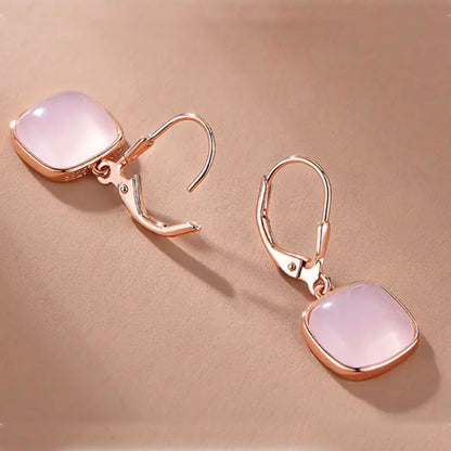 Rose Gold Square Pink Gem Dangle Earrings