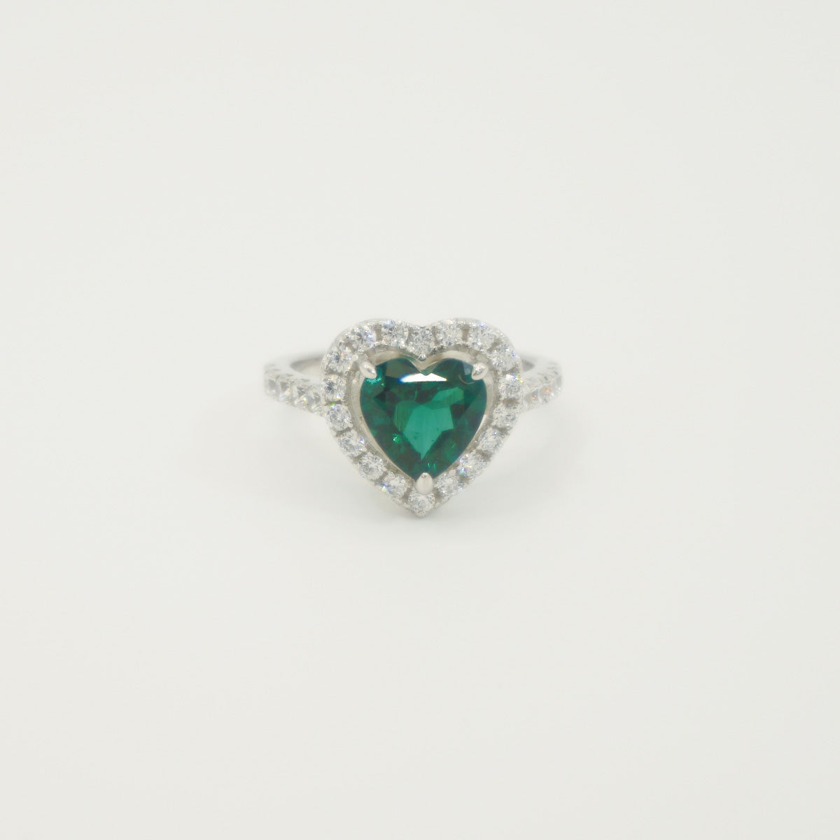 White Gold Heart Emerald Full Stones Signet Ring