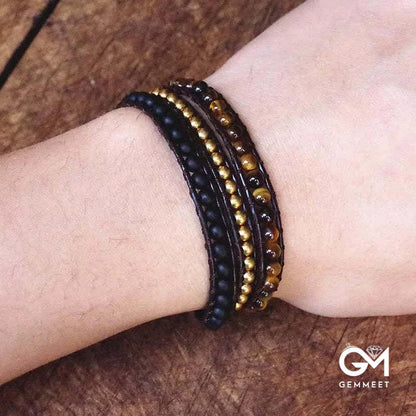 Tiger Eye Matt Black Onyx Beads Wrap Bracelet