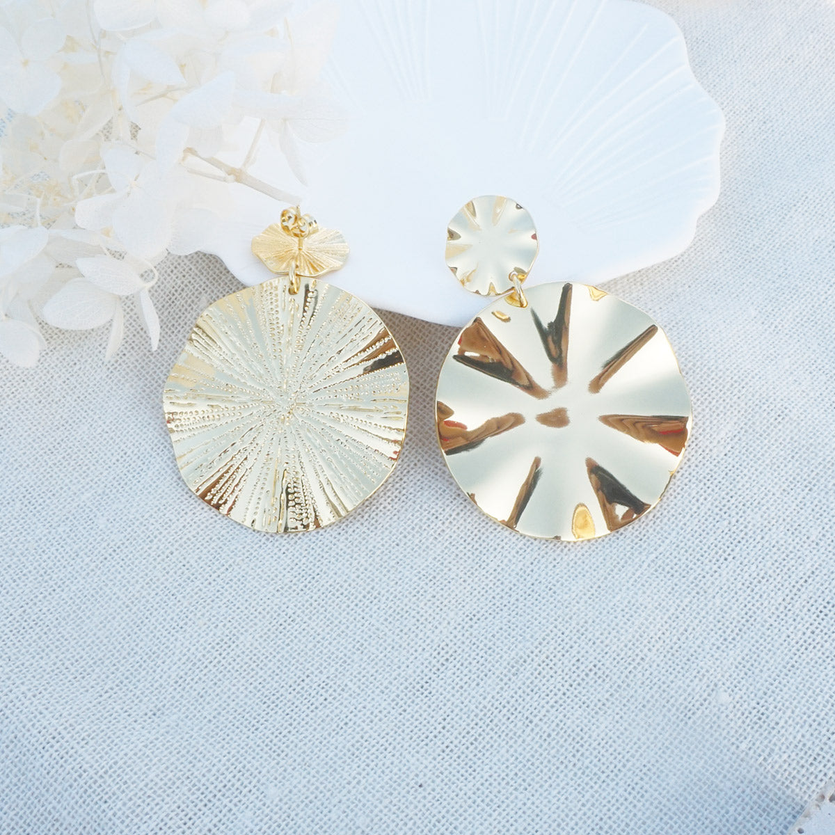 Wavy Textures Disc Gold Big Drop Earrings