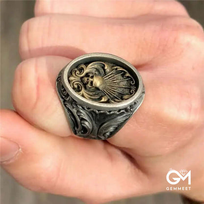 Vintage Engraved Skull Female Face Ring