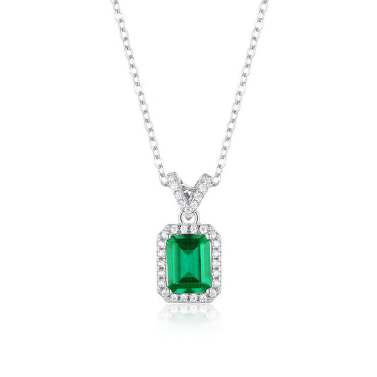 Rectangle Halo Emerald Pendant Chain