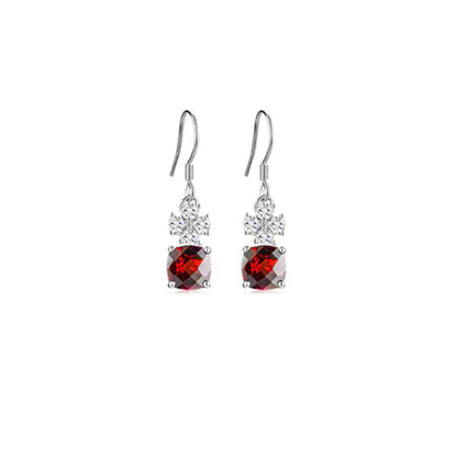 White Gold Square Ruby Garnet Dangle Earrings