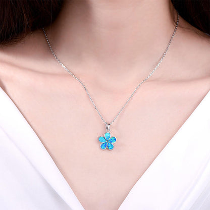 White Gold Flower Shape Blue Opal Pendants Chains