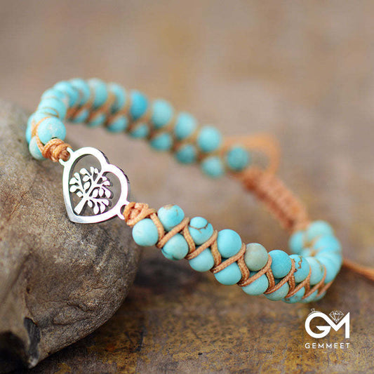 Turquoise And Peach Heart Tree Of Life Palms Hand-Woven Bracelet