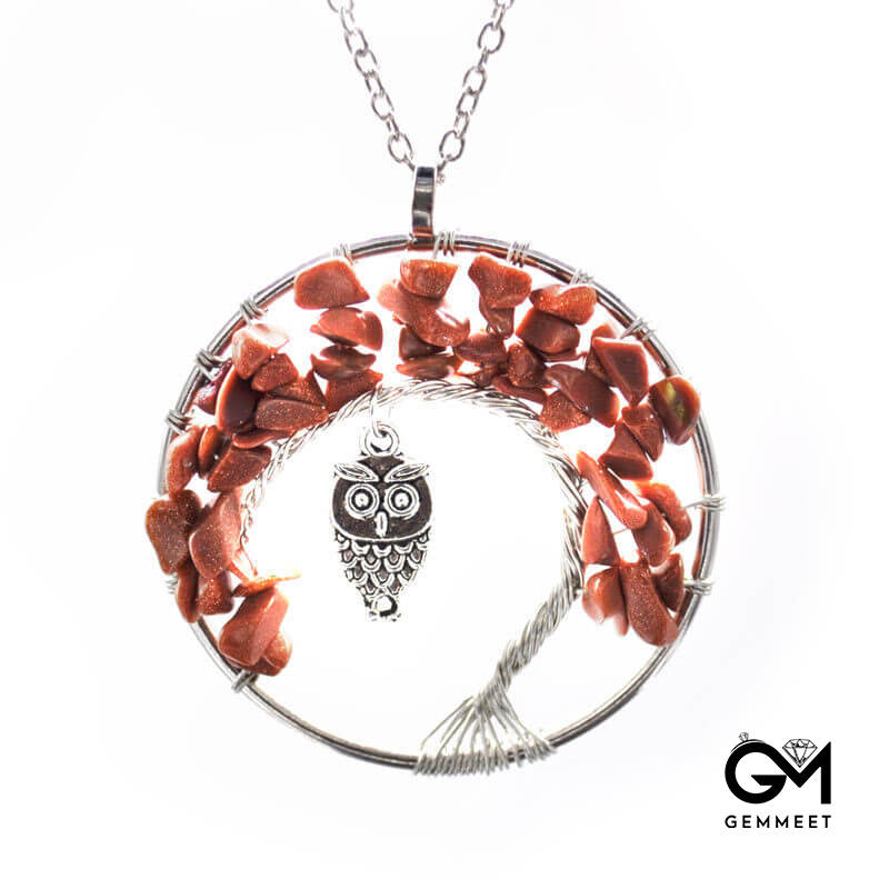 Crystal Wrapped Silk Tree of Life Owl Necklace