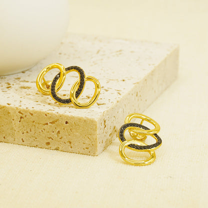 Golden Hammered Triple Black Stones Hoop Earrings