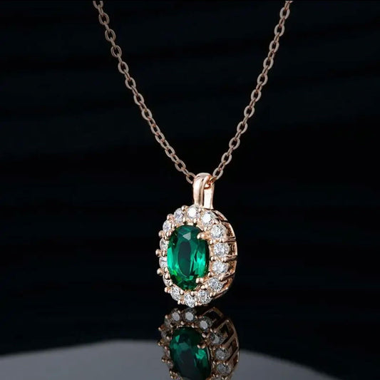 Rose Gold Oval Cut Emerald Halo Pendant Chain