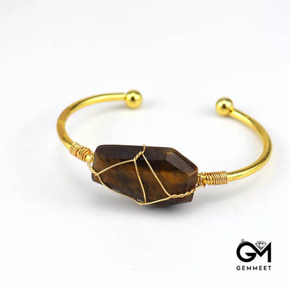 Golden Wire Wrapped Crystal Hexahedron Bracelet