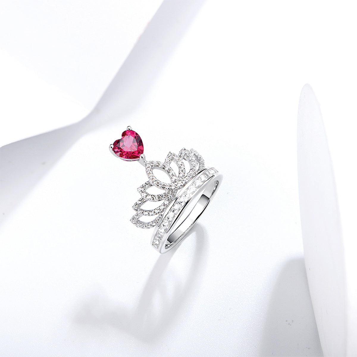 White Gold Heart Ruby Crown Ring with Channel Setting Full Stones