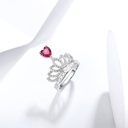 White Gold Heart Ruby Crown Ring with Channel Setting Full Stones