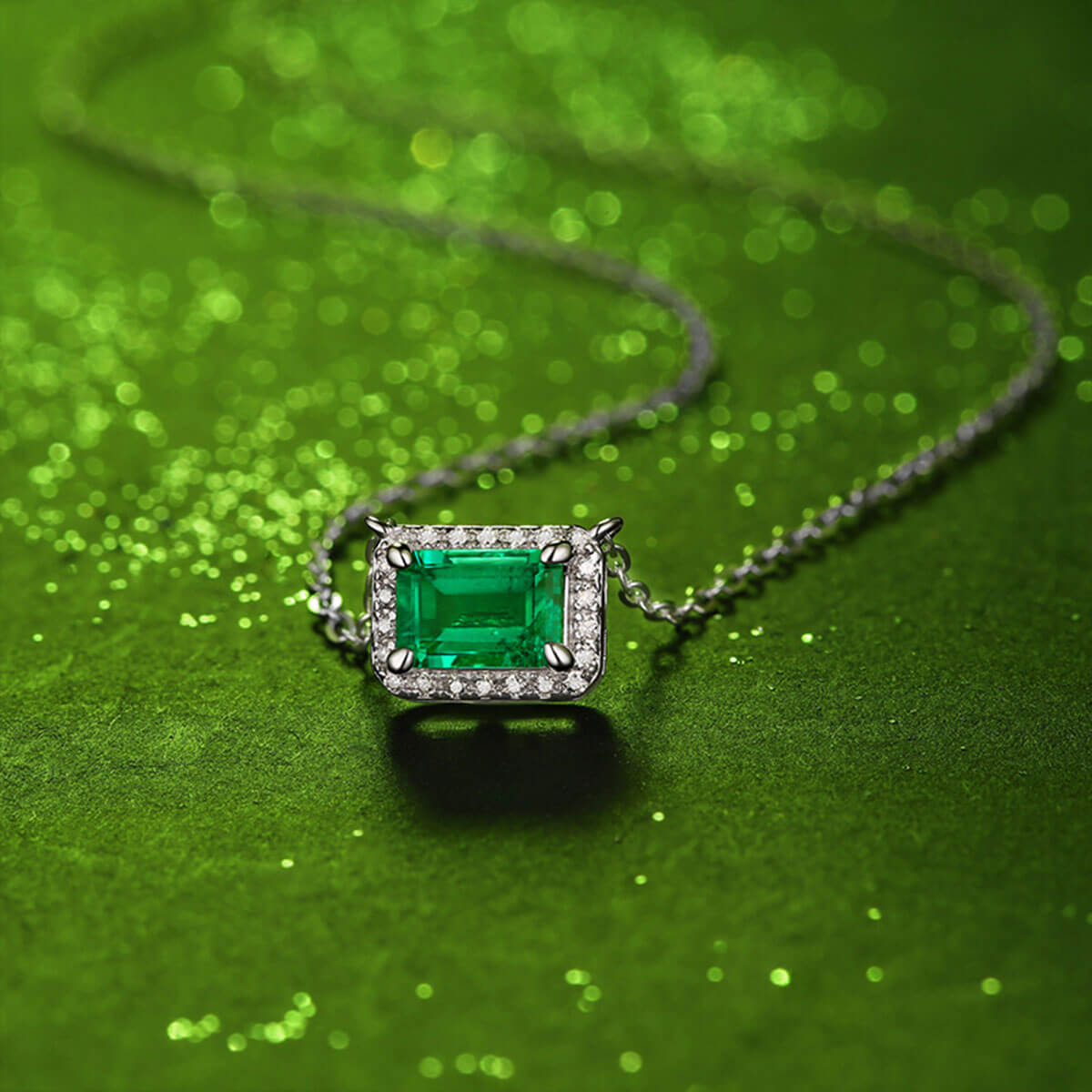 White Gold Square Halo Emerald Chain