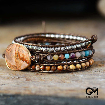 Pictured Stone 5 Circle Wrap Leather Bracelet