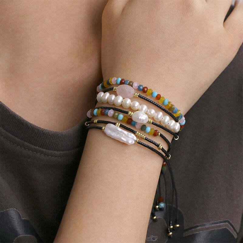 Bohemian Multi-layered Dami Bead Braided Bracelet Simple Color Semi-precious Stone Beaded Handwork