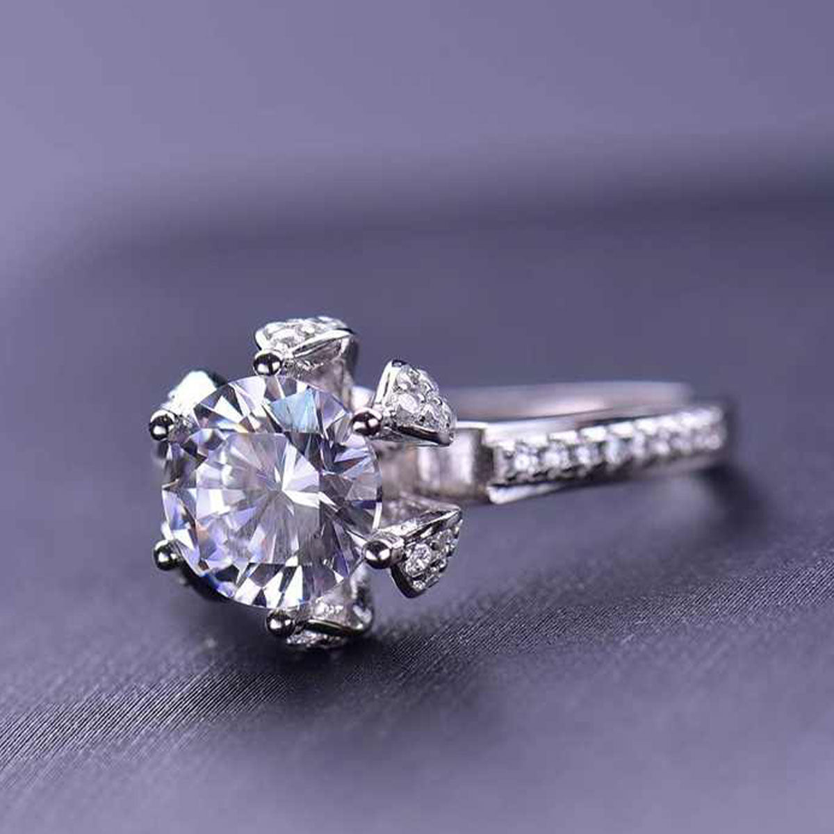 White Gold Rose Shape Adjustable Moissanite Ring