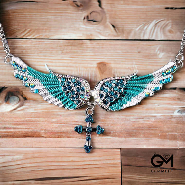 Religious Iridescent Angel Wing & Cross Necklace