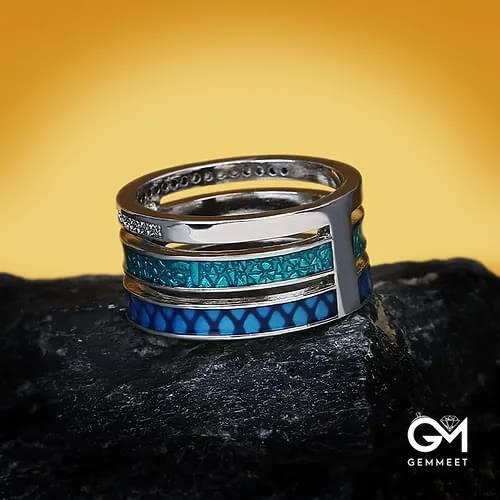 Handmade Three-Layer Blue Zircon Enamel Geometric Ring