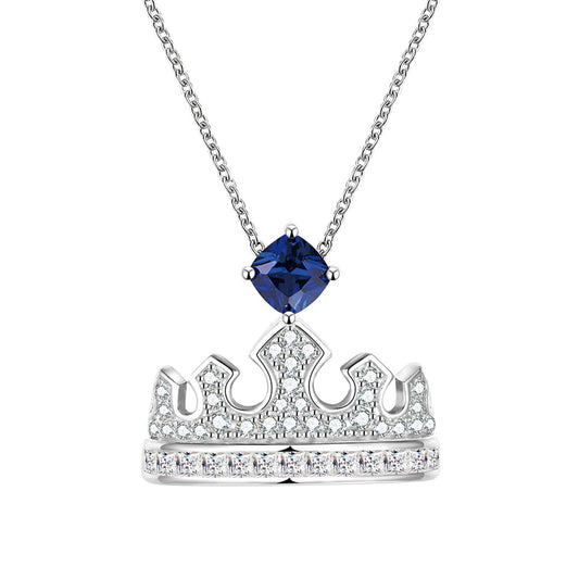 Sterling Silver Necklace with Square Blue Sapphire Full Diamond Crown Pendants